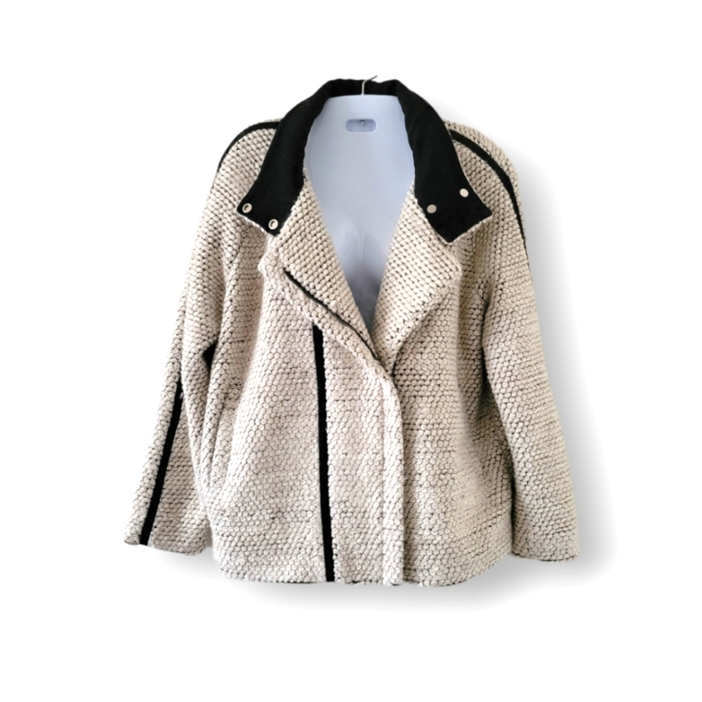 Color Block | Anthro | Thick Ivory Bubble Woven Wool Blend Moto Style Coat